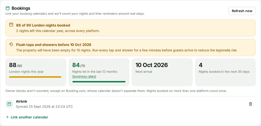 HostSorted bookings panel showing 88 of 90 London nights booked