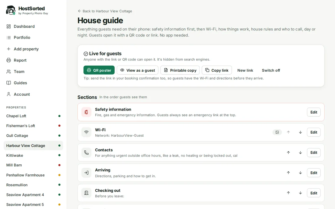 The HostSorted house guide editor listing sections such as Wi-Fi, contacts, arriving and checking out