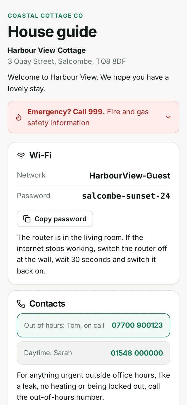 A HostSorted house guide on a phone showing the emergency link, Wi-Fi details with a copy password button and contacts