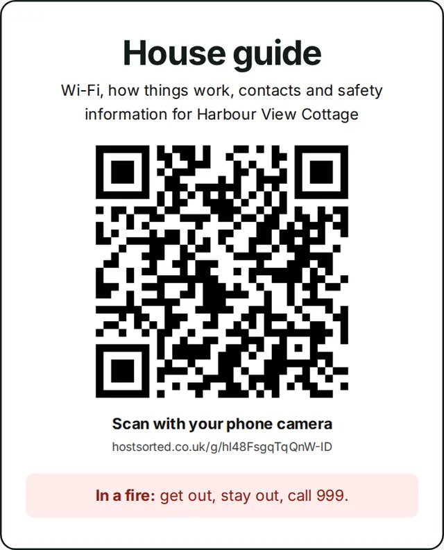 A printable HostSorted QR poster reading House guide, with a QR code and fire safety advice