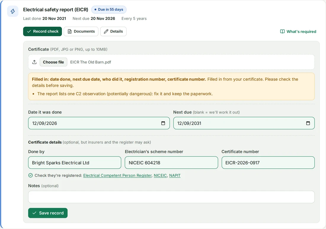 HostSorted filling in an electrical safety report's dates, electrician and certificate number from an uploaded PDF