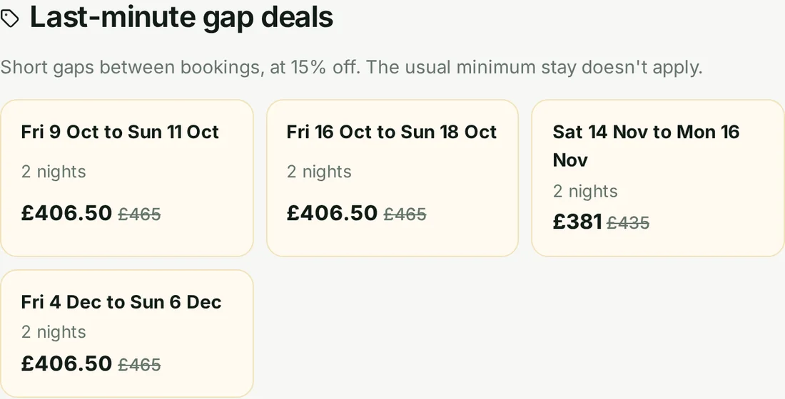 Last-minute gap deals on a property website, with discounted prices for two-night gaps