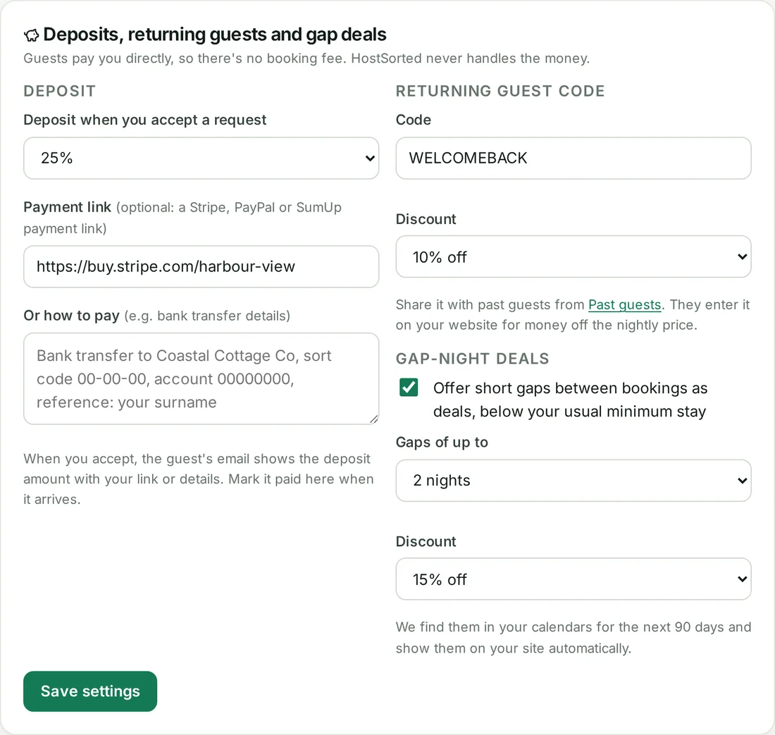Settings for deposits, returning guest codes and gap-night deals