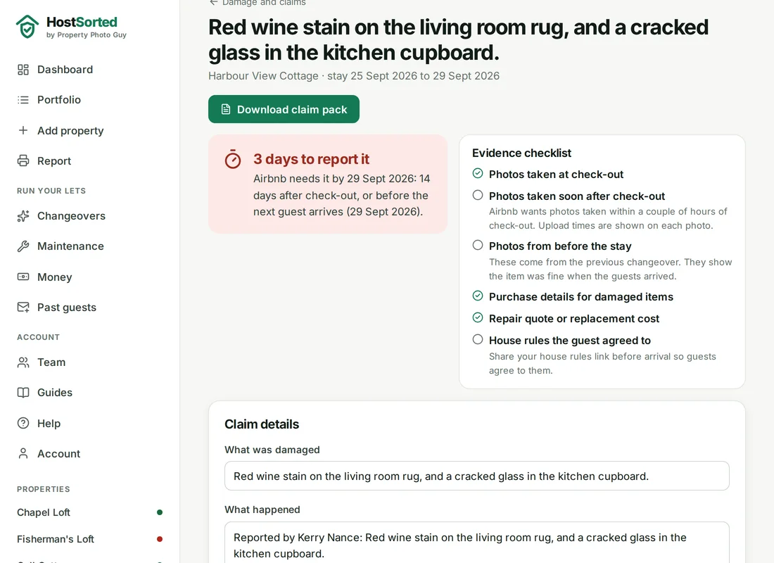 A damage claim in HostSorted with a deadline countdown and an evidence checklist