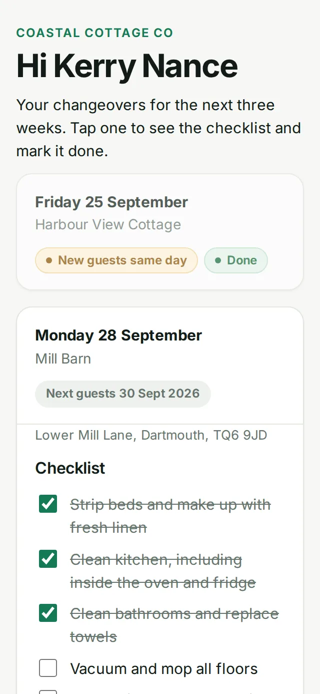 A cleaner’s schedule on a phone, with a changeover open and checklist items ticked off