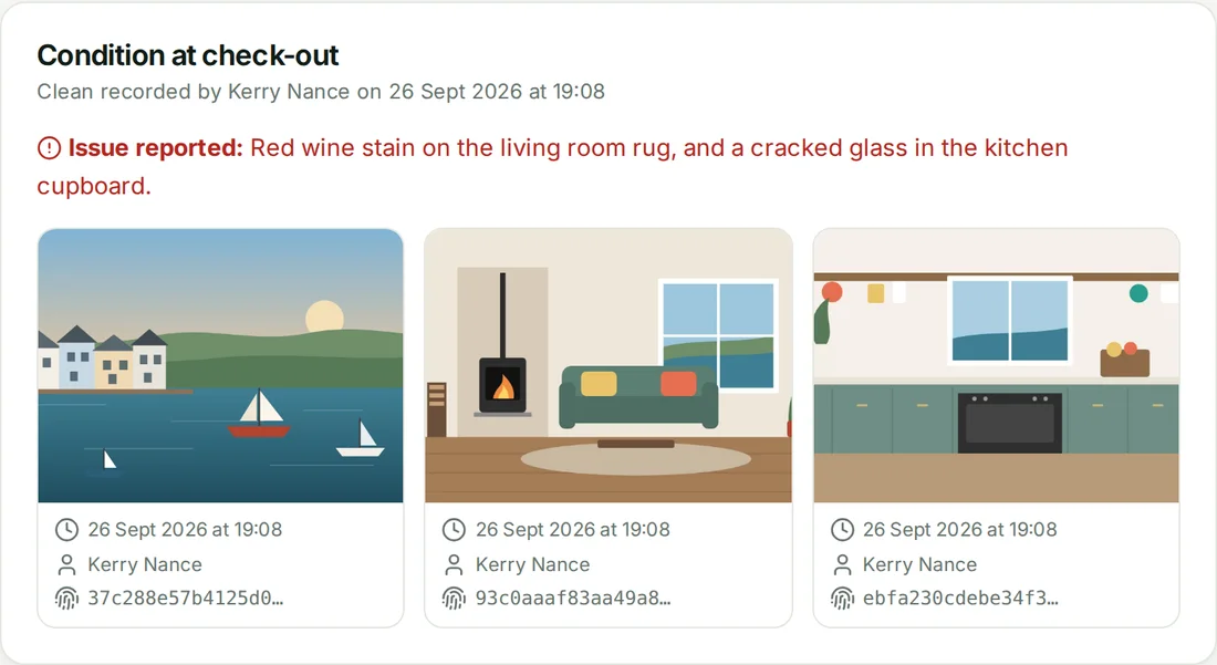 Condition report photos with upload times, the cleaner’s name and a fingerprint for each photo