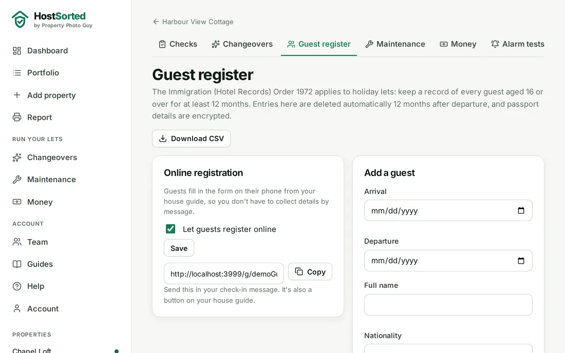 HostSorted guest register for a property, with the online registration switch and a table of registered guests