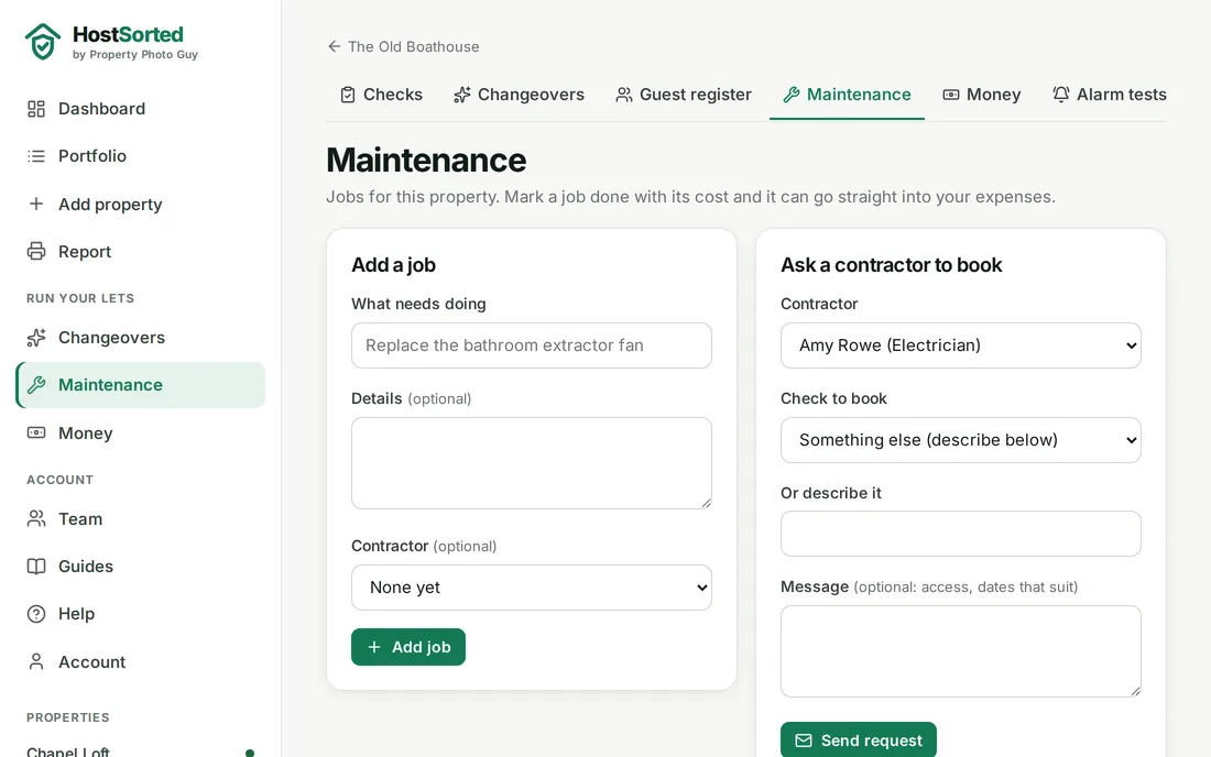 HostSorted maintenance page for a property, with forms to add a job and ask a contractor to book a check