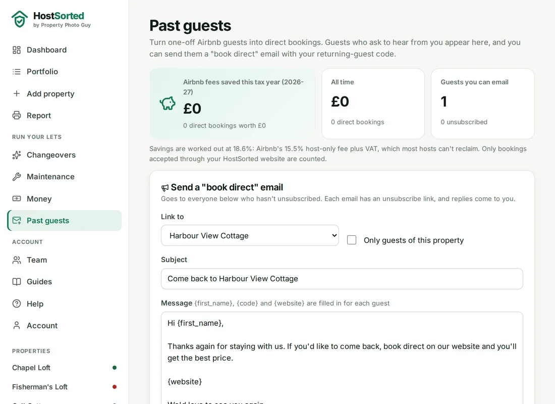 The Past guests page showing Airbnb fees saved, a book direct email and guests who asked for offers