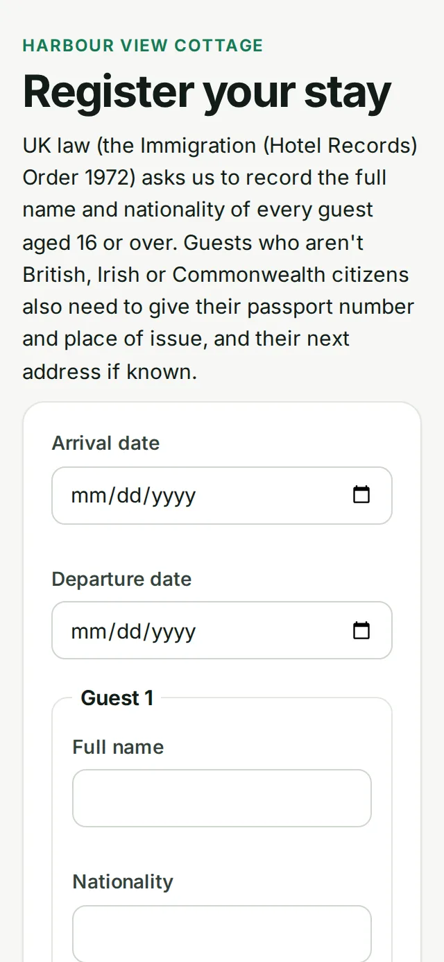 The guest registration form on a phone, asking for arrival date, names and nationalities