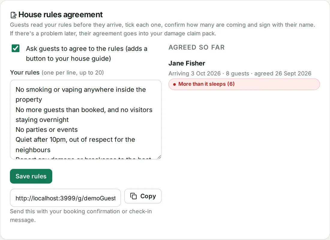 The house rules settings and a list of agreements, with one flagged for more guests than the property sleeps