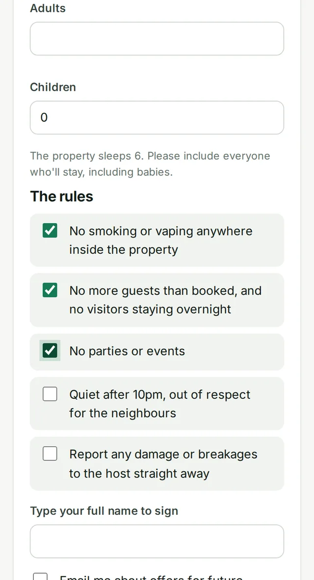 A house rules form on a phone with each rule ticked