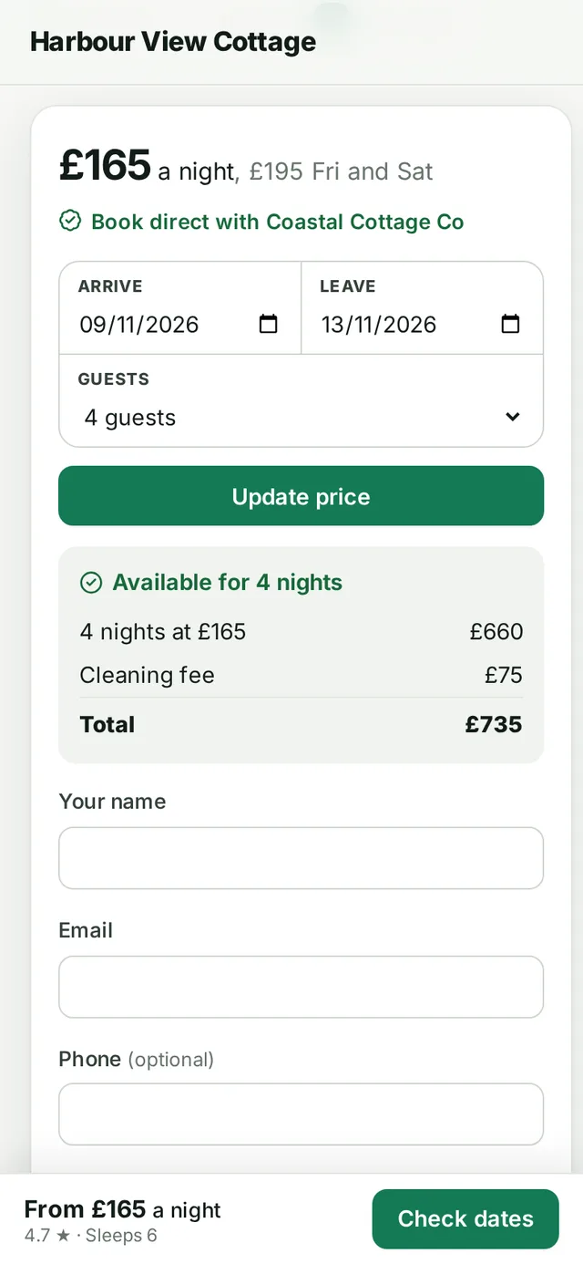 A property website on a phone showing the price, dates and a Request to book button